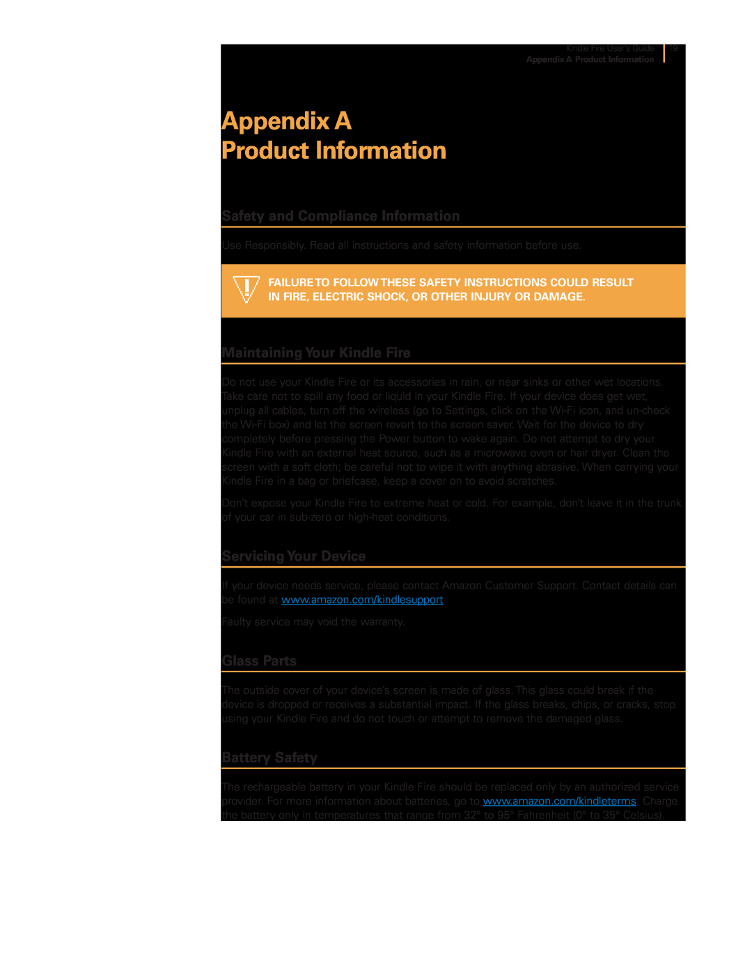 Amazon B008GFREAU manual Appendix A Product Information, Safety and Compliance Information, Maintaining Your Kindle Fire 